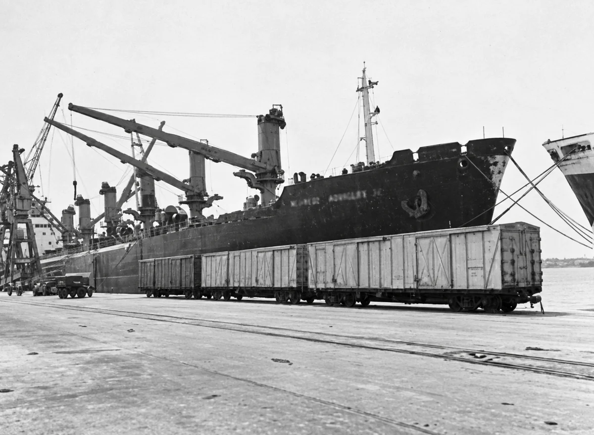 Enhanced archival photograph of a cargo vessel, dockside cranes and railway wagons at Mombasa Port, circa 1960s