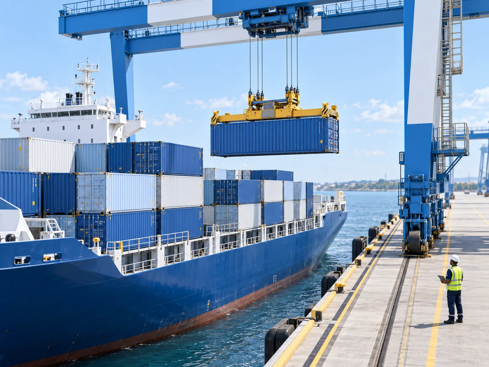 Illustrative 3D scene of a quay crane transferring a container with a spreader while a tally clerk supervises from a safe area.