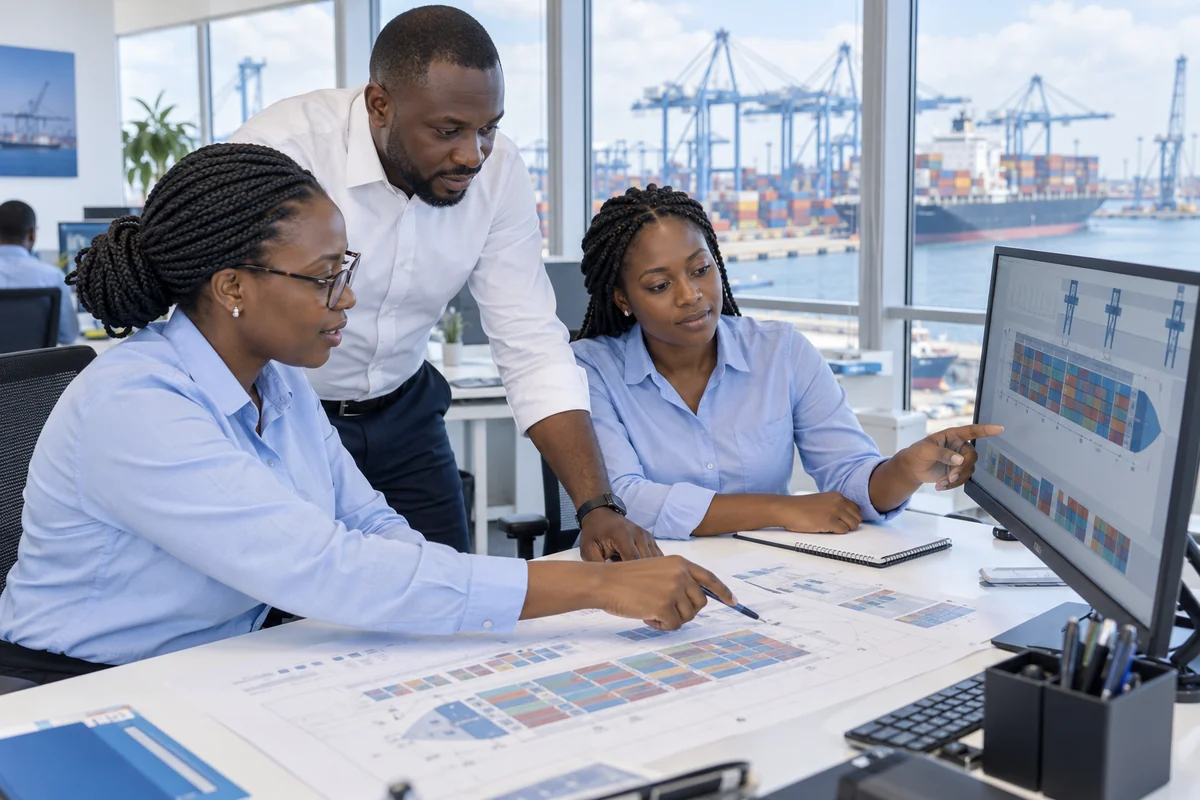Generated conceptual scene of Kenyan terminal planners reviewing container and vessel plans together in a bright planning room overlooking a port.