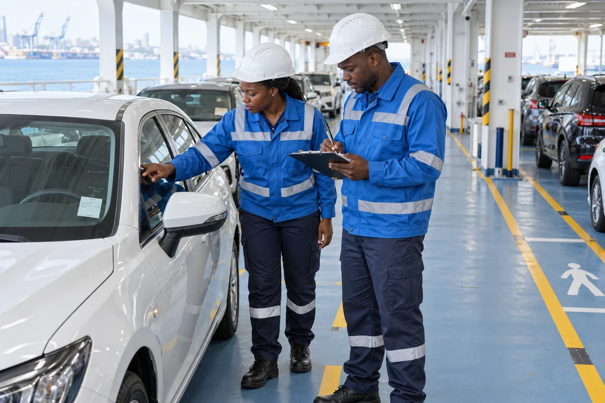 AI-generated conceptual scene of Kenyan port personnel checking a parked vehicle and recording its tally on a clipboard in an orderly Ro-Ro deck.